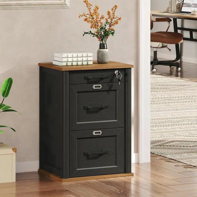 Alt view image 4 of 7 - 3 Drawer File Cabinet with Lock Set of 2, Wooden Farmhouse Filing Cabinet with Storage Fits Letter and A4 Size, Vertical Printer Stand for Home Office, Rustic Brown and Black