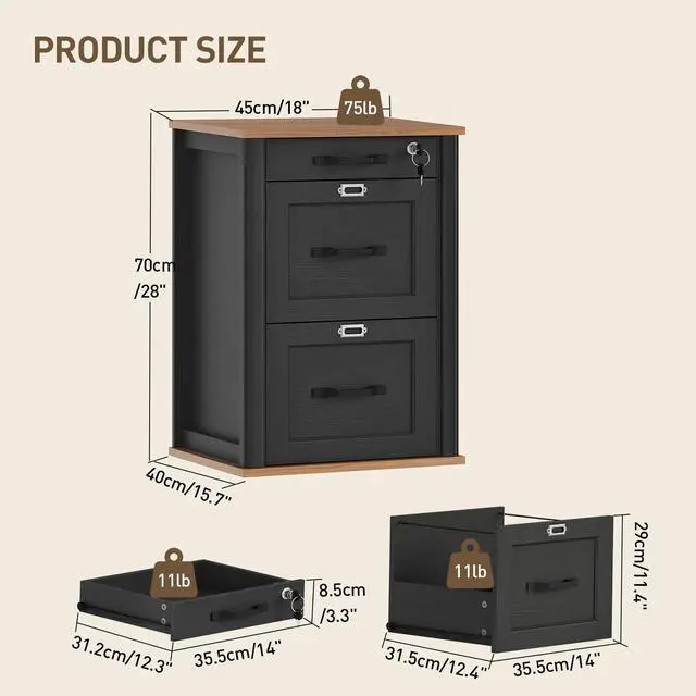 Alt view image 3 of 7 - 3 Drawer File Cabinet with Lock Set of 2, Wooden Farmhouse Filing Cabinet with Storage Fits Letter and A4 Size, Vertical Printer Stand for Home Office, Rustic Brown and Black