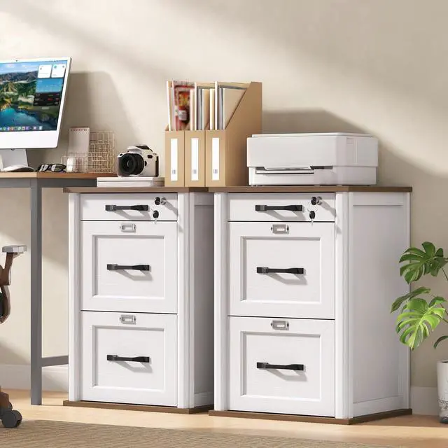 Alt view image 2 of 6 - 3 Drawer File Cabinet with Lock Set of 2, Wooden Farmhouse Filing Cabinet with Storage Fits Letter and A4 Size, Vertical Printer Stand for Home Office, Walnut and White