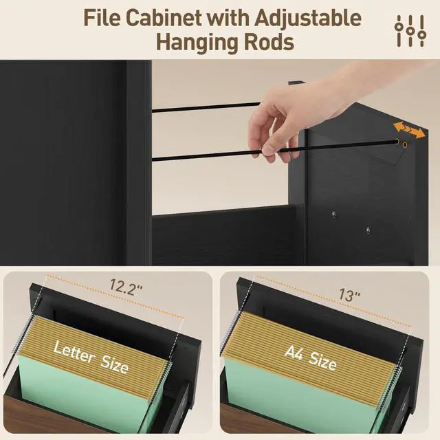 Alt view image 5 of 7 - 3 Drawer File Cabinet with Lock Set of 2, Wooden Farmhouse Filing Cabinet with Storage Fits Letter and A4 Size, Vertical Printer Stand for Home Office, Rustic Brown and Black