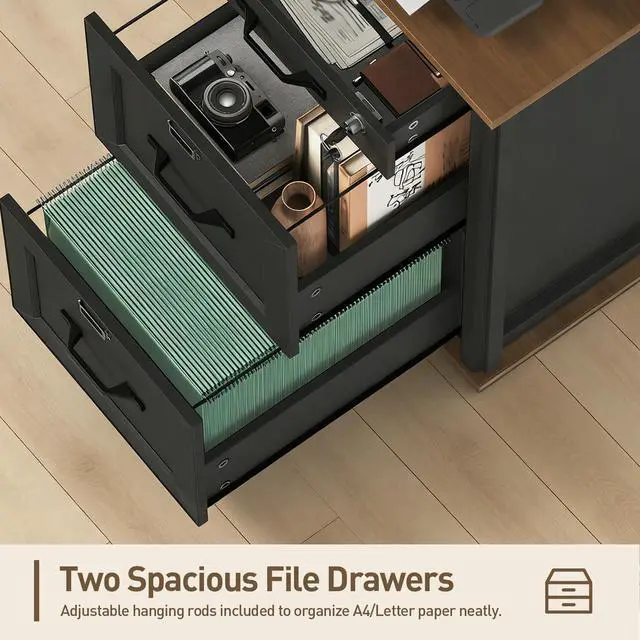 Alt view image 6 of 7 - 3 Drawer File Cabinet with Lock Set of 2, Wooden Farmhouse Filing Cabinet with Storage Fits Letter and A4 Size, Vertical Printer Stand for Home Office, Rustic Brown and Black