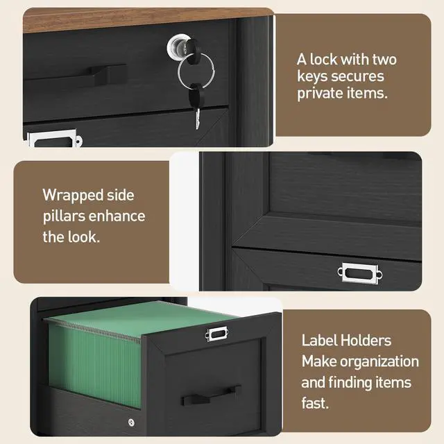 Alt view image 7 of 7 - 3 Drawer File Cabinet with Lock Set of 2, Wooden Farmhouse Filing Cabinet with Storage Fits Letter and A4 Size, Vertical Printer Stand for Home Office, Rustic Brown and Black