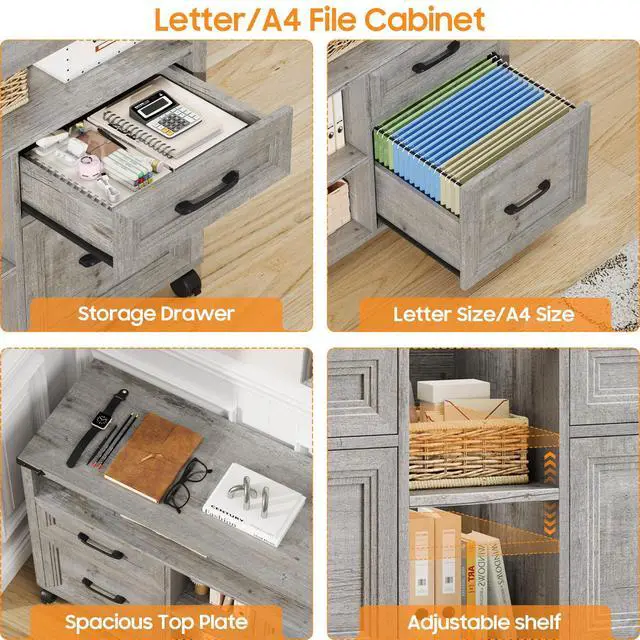 Alt view image 3 of 7 - Farmhouse Filing Cabinet with Adjustable Shelf & Wheels, Grey | Lateral File Cabinets, Office Storage Cabinet with 4 Drawers, Open Storage Space, for Hanging Files A4/Letter for Home Office