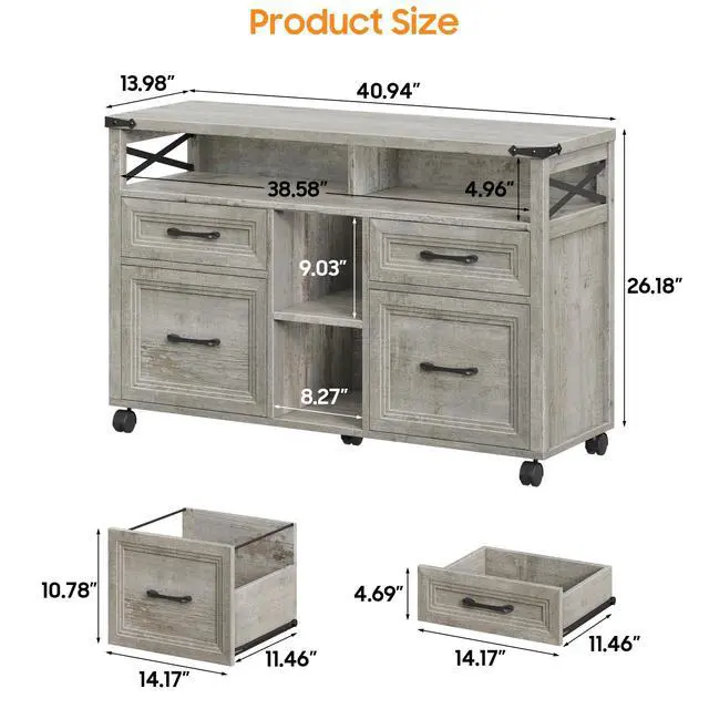 Alt view image 2 of 7 - Farmhouse Filing Cabinet with Adjustable Shelf & Wheels, Grey | Lateral File Cabinets, Office Storage Cabinet with 4 Drawers, Open Storage Space, for Hanging Files A4/Letter for Home Office