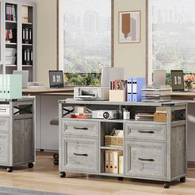 Alt view image 5 of 7 - Farmhouse Filing Cabinet with Adjustable Shelf & Wheels, Grey | Lateral File Cabinets, Office Storage Cabinet with 4 Drawers, Open Storage Space, for Hanging Files A4/Letter for Home Office