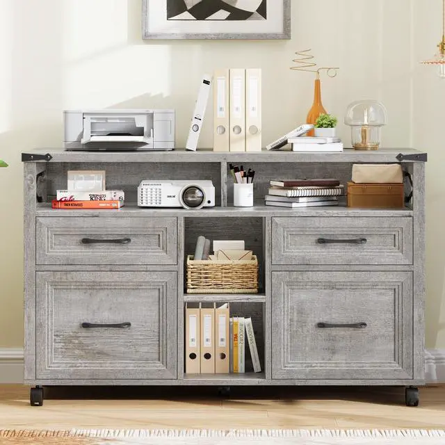 Alt view image 6 of 7 - Farmhouse Filing Cabinet with Adjustable Shelf & Wheels, Grey | Lateral File Cabinets, Office Storage Cabinet with 4 Drawers, Open Storage Space, for Hanging Files A4/Letter for Home Office