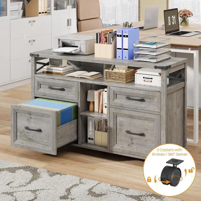 Alt view image 4 of 7 - Farmhouse Filing Cabinet with Adjustable Shelf & Wheels, Grey | Lateral File Cabinets, Office Storage Cabinet with 4 Drawers, Open Storage Space, for Hanging Files A4/Letter for Home Office