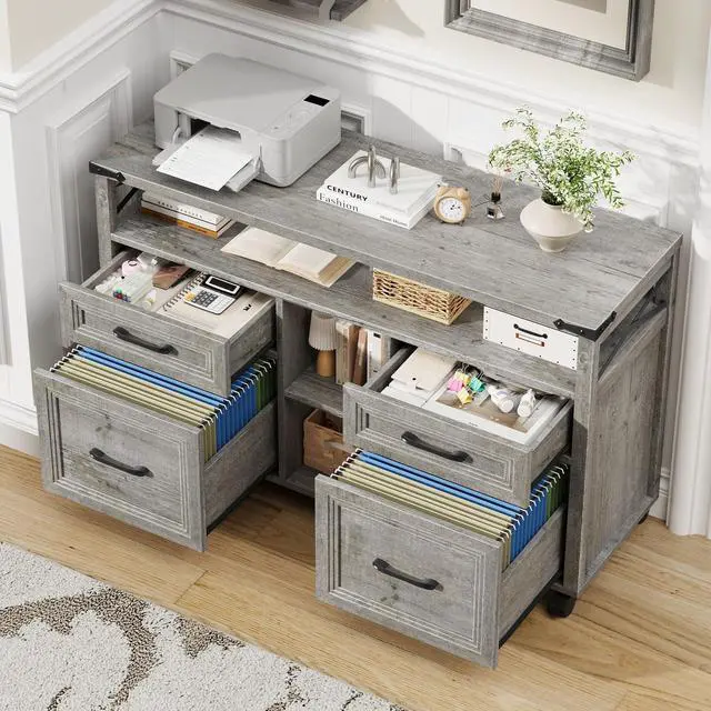 Alt view image 7 of 7 - Farmhouse Filing Cabinet with Adjustable Shelf & Wheels, Grey | Lateral File Cabinets, Office Storage Cabinet with 4 Drawers, Open Storage Space, for Hanging Files A4/Letter for Home Office