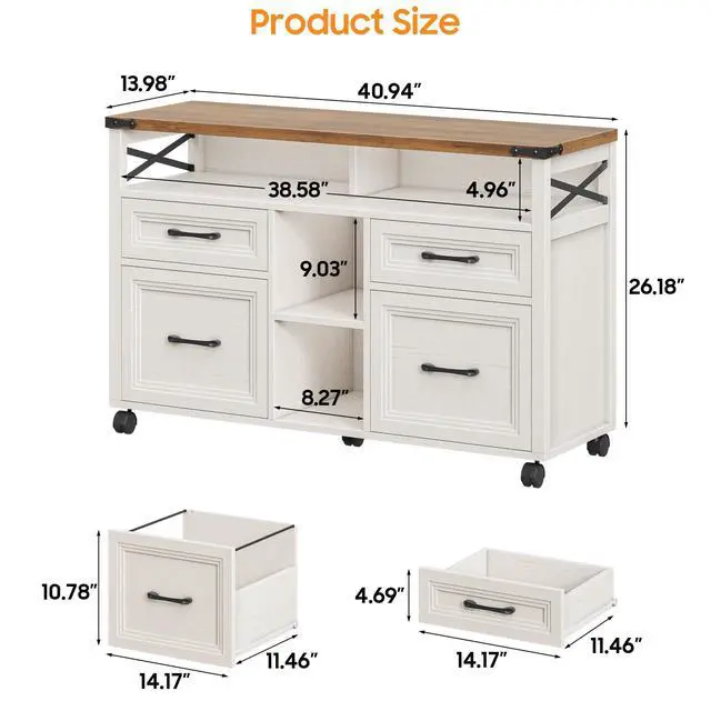 Alt view image 2 of 7 - Farmhouse Filing Cabinet with Adjustable Shelf & Wheels, Off White | Lateral File Cabinets, Office Storage Cabinet with 4 Drawers, Open Storage Space, for Hanging Files A4/Letter for Home Office