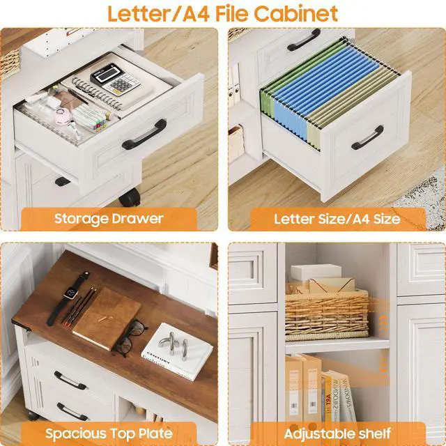 Alt view image 4 of 7 - Farmhouse Filing Cabinet with Adjustable Shelf & Wheels, Off White | Lateral File Cabinets, Office Storage Cabinet with 4 Drawers, Open Storage Space, for Hanging Files A4/Letter for Home Office