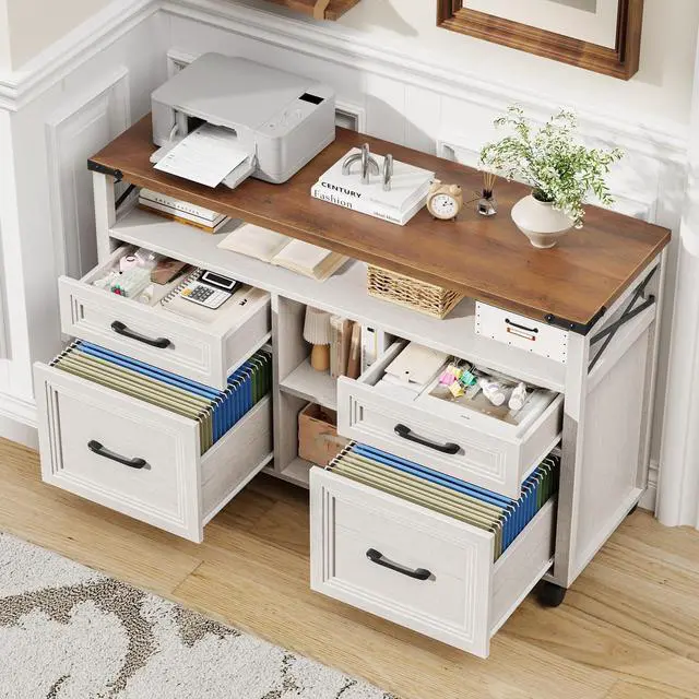 Alt view image 3 of 7 - Farmhouse Filing Cabinet with Adjustable Shelf & Wheels, Off White | Lateral File Cabinets, Office Storage Cabinet with 4 Drawers, Open Storage Space, for Hanging Files A4/Letter for Home Office