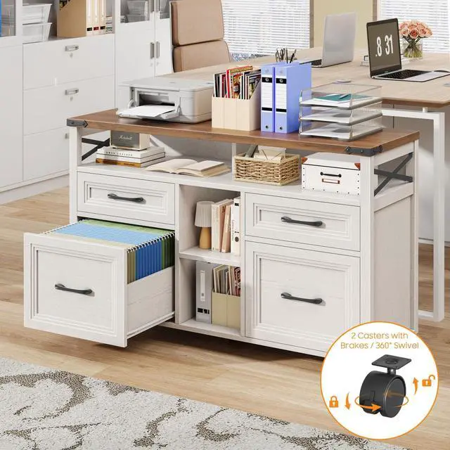 Alt view image 5 of 7 - Farmhouse Filing Cabinet with Adjustable Shelf & Wheels, Off White | Lateral File Cabinets, Office Storage Cabinet with 4 Drawers, Open Storage Space, for Hanging Files A4/Letter for Home Office