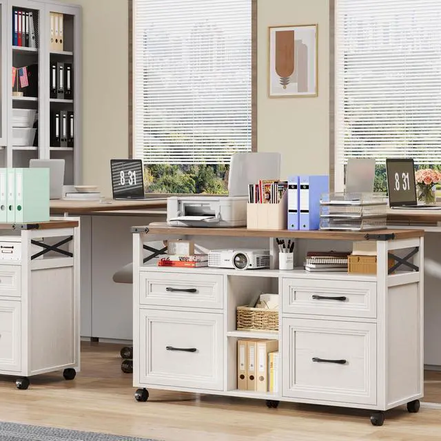 Alt view image 6 of 7 - Farmhouse Filing Cabinet with Adjustable Shelf & Wheels, Off White | Lateral File Cabinets, Office Storage Cabinet with 4 Drawers, Open Storage Space, for Hanging Files A4/Letter for Home Office