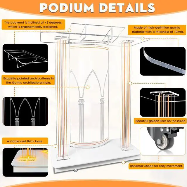 Alt view image 2 of 7 - 46.5" Large Clear Acrylic Podium with 4 Wheels, 10MM Plexiglass Pulpit for Churches with LED Light, Pulpitos para Iglesias with Storage Shelf, Church Pulpit Stand for Office School (with Wheels)