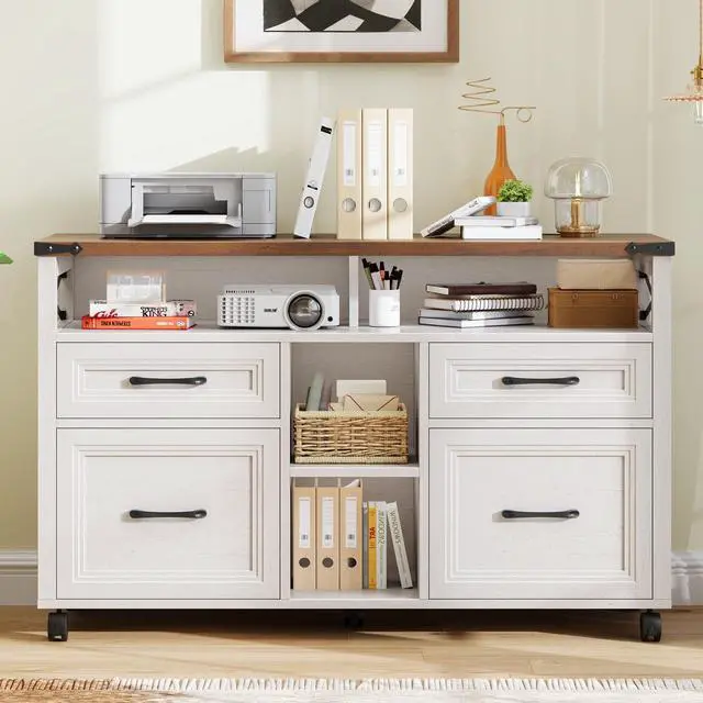 Alt view image 7 of 7 - Farmhouse Filing Cabinet with Adjustable Shelf & Wheels, Off White | Lateral File Cabinets, Office Storage Cabinet with 4 Drawers, Open Storage Space, for Hanging Files A4/Letter for Home Office