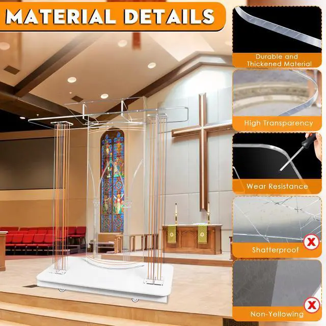 Alt view image 5 of 7 - 46.5" Large Clear Acrylic Podium with 4 Wheels, 10MM Plexiglass Pulpit for Churches with LED Light, Pulpitos para Iglesias with Storage Shelf, Church Pulpit Stand for Office School (with Wheels)