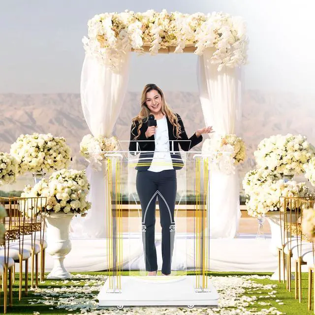 Alt view image 7 of 7 - 46.5" Large Clear Acrylic Podium with 4 Wheels, 10MM Plexiglass Pulpit for Churches with LED Light, Pulpitos para Iglesias with Storage Shelf, Church Pulpit Stand for Office School (with Wheels)