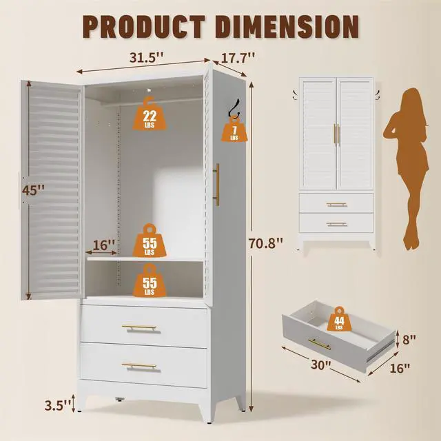 Alt view image 2 of 7 - 71" Tall Metal Armoire Wardrobe Closet with 2 Doors and 2 Drawer | Louvered Design,Clothes Cabinet with Adjustable Shelves & Hanging Rod,Storage Locker Cabinets for Bedroom Office,Gym