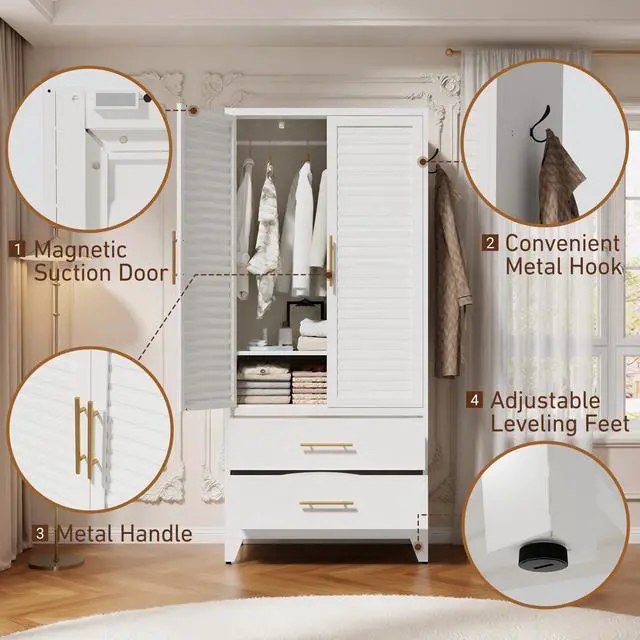 Alt view image 5 of 7 - 71" Tall Metal Armoire Wardrobe Closet with 2 Doors and 2 Drawer | Louvered Design,Clothes Cabinet with Adjustable Shelves & Hanging Rod,Storage Locker Cabinets for Bedroom Office,Gym
