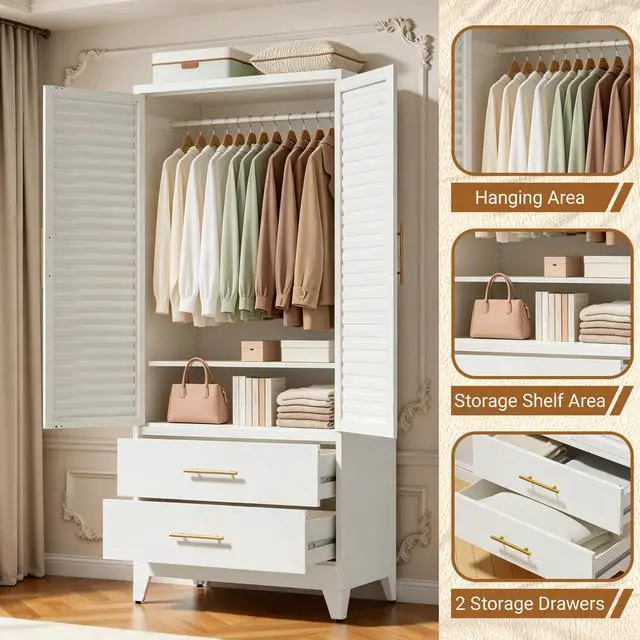 Alt view image 6 of 7 - 71" Tall Metal Armoire Wardrobe Closet with 2 Doors and 2 Drawer | Louvered Design,Clothes Cabinet with Adjustable Shelves & Hanging Rod,Storage Locker Cabinets for Bedroom Office,Gym