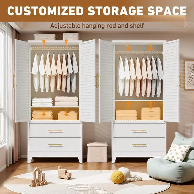 Alt view image 3 of 7 - 71" Tall Metal Armoire Wardrobe Closet with 2 Doors and 2 Drawer | Louvered Design,Clothes Cabinet with Adjustable Shelves & Hanging Rod,Storage Locker Cabinets for Bedroom Office,Gym