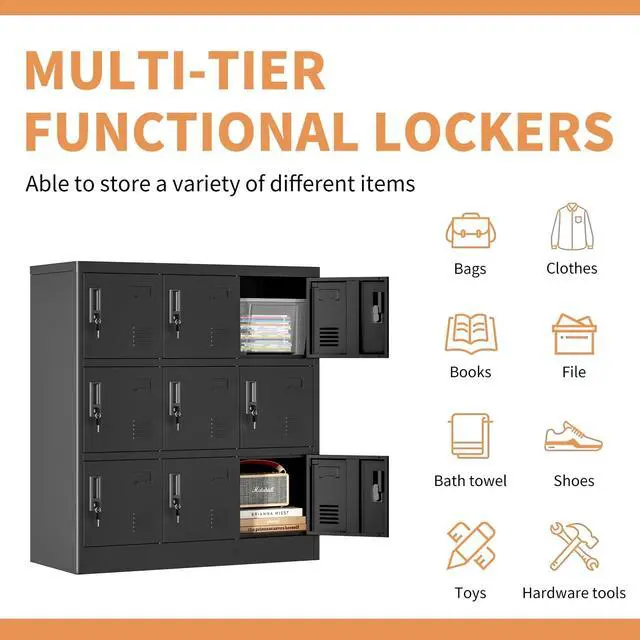 Alt view image 6 of 6 - Metal Locker Storage Cabinet with 9 Door, Storage Lockers for Employee, Black Steel Employee Lockers with Lock, Office Gym Storage Locker for School Restaurant Home, Assembly Require