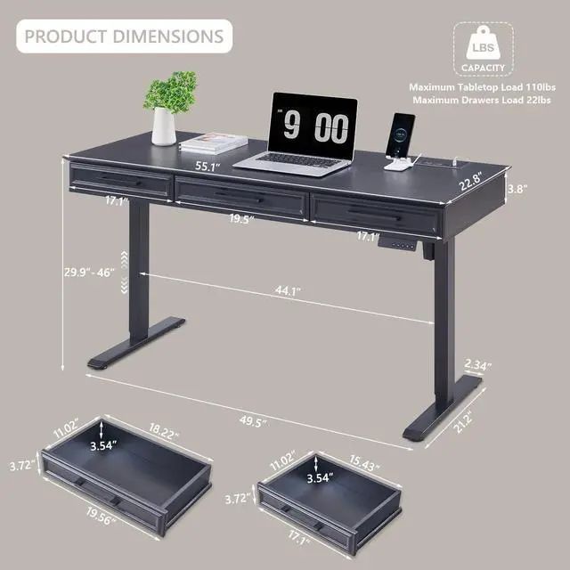 Alt view image 2 of 7 - Electric Standing Desk w/3 Drawers, 55x22 Wood Computer Desk,Black | Wood Adjustable Height Computer Desk w/One-Piece Desktop, Sit to Stand Up,Power Outlets, Gaming Table for Home Office & Study