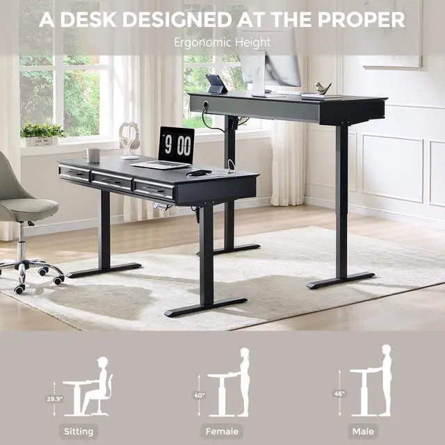 Alt view image 4 of 7 - Electric Standing Desk w/3 Drawers, 55x22 Wood Computer Desk,Black | Wood Adjustable Height Computer Desk w/One-Piece Desktop, Sit to Stand Up,Power Outlets, Gaming Table for Home Office & Study