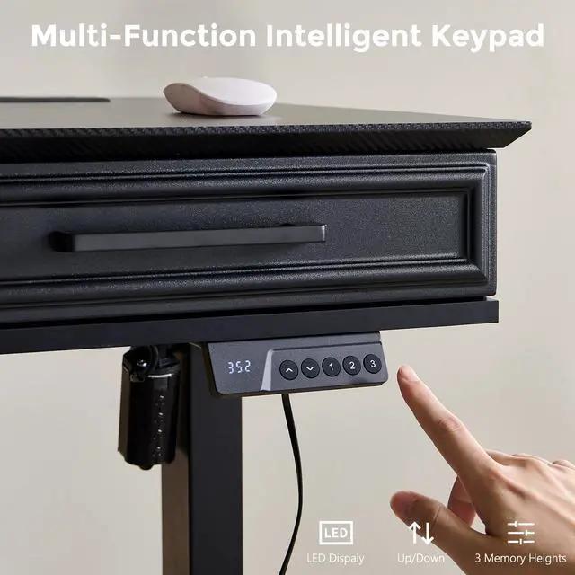 Alt view image 6 of 7 - Electric Standing Desk w/3 Drawers, 55x22 Wood Computer Desk,Black | Wood Adjustable Height Computer Desk w/One-Piece Desktop, Sit to Stand Up,Power Outlets, Gaming Table for Home Office & Study