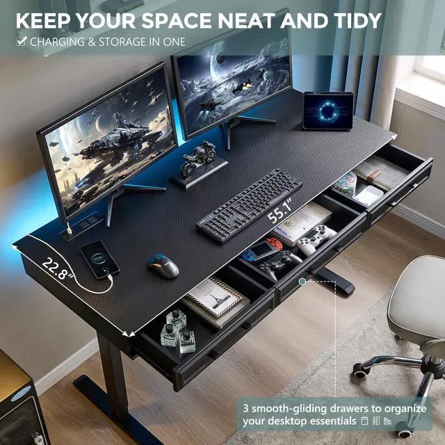 Alt view image 3 of 7 - Electric Standing Desk w/3 Drawers, 55x22 Wood Computer Desk,Black | Wood Adjustable Height Computer Desk w/One-Piece Desktop, Sit to Stand Up,Power Outlets, Gaming Table for Home Office & Study