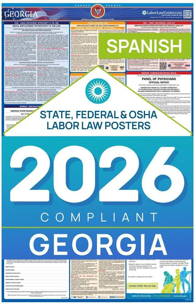 Main image of Labor Law Poster Georgia 2026, Spanish, State, Federal Notices 26 x 39.5 | Georgia State Federal Workplace Notices With OSHA, EEOC, FMLA, Minimum Wage, HR Office, Worksite, Employee Posting Details