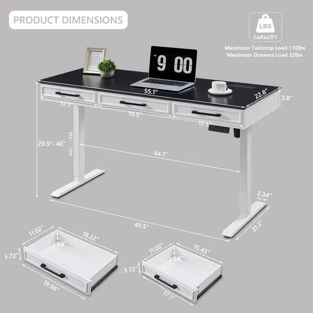 Alt view image 2 of 7 - Electric Standing Desk w/3 Drawers, 55x22 Wood Computer Desk,White | Wood Adjustable Height Computer Desk w/One-Piece Desktop, Sit to Stand Up,Power Outlets, Gaming Table for Home Office & Study