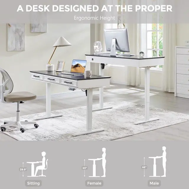Alt view image 4 of 7 - Electric Standing Desk w/3 Drawers, 55x22 Wood Computer Desk,White | Wood Adjustable Height Computer Desk w/One-Piece Desktop, Sit to Stand Up,Power Outlets, Gaming Table for Home Office & Study