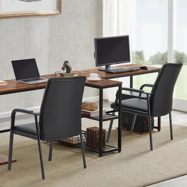 Alt view image 2 of 6 - Office Guest Reception Desk Chair No Wheels 600 lbs Capacity | Modern High Back Black Leather Reception Guest Conference Waiting Room Chairs with Padded Armrests for Seniors
