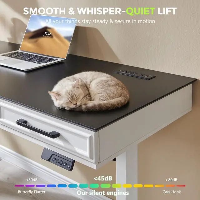 Alt view image 5 of 7 - Electric Standing Desk w/3 Drawers, 55x22 Wood Computer Desk,White | Wood Adjustable Height Computer Desk w/One-Piece Desktop, Sit to Stand Up,Power Outlets, Gaming Table for Home Office & Study