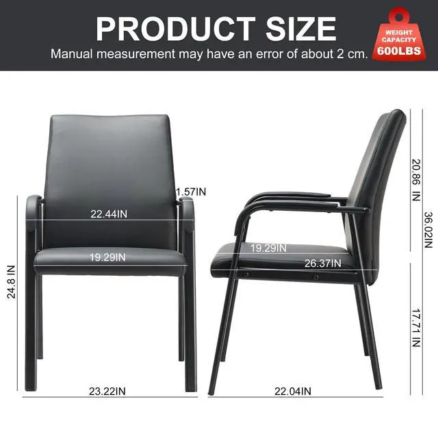 Alt view image 3 of 6 - Office Guest Reception Desk Chair No Wheels 600 lbs Capacity | Modern High Back Black Leather Reception Guest Conference Waiting Room Chairs with Padded Armrests for Seniors