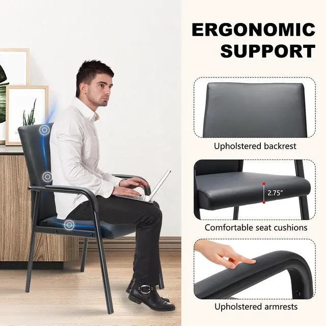 Alt view image 4 of 6 - Office Guest Reception Desk Chair No Wheels 600 lbs Capacity | Modern High Back Black Leather Reception Guest Conference Waiting Room Chairs with Padded Armrests for Seniors