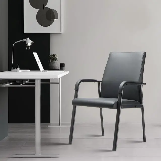 Alt view image 6 of 6 - Office Guest Reception Desk Chair No Wheels 600 lbs Capacity | Modern High Back Black Leather Reception Guest Conference Waiting Room Chairs with Padded Armrests for Seniors