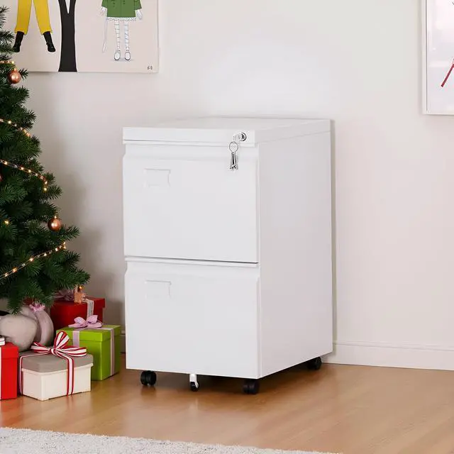 Alt view image 2 of 7 - 2-Drawer White Mobile File Cabinet with Lock and Casters | Metal under-desk cabinet for Letter and Legal files, with five casters, two locking wheels, and an assembly-required design