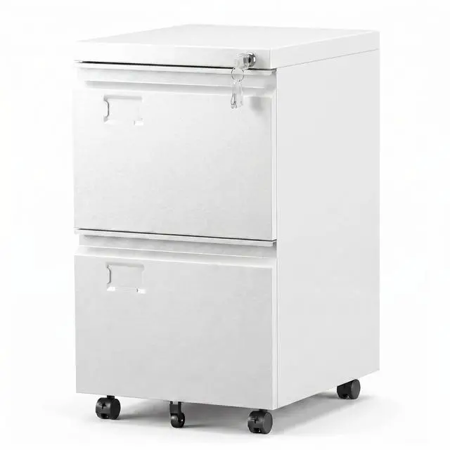 Main image of 2-Drawer White Mobile File Cabinet with Lock and Casters | Metal under-desk cabinet for Letter and Legal files, with five casters, two locking wheels, and an assembly-required design