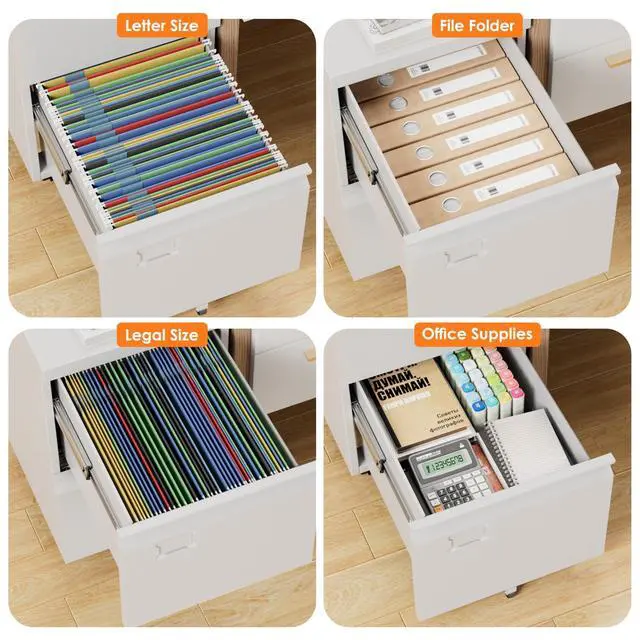 Alt view image 5 of 7 - 2-Drawer White Mobile File Cabinet with Lock and Casters | Metal under-desk cabinet for Letter and Legal files, with five casters, two locking wheels, and an assembly-required design