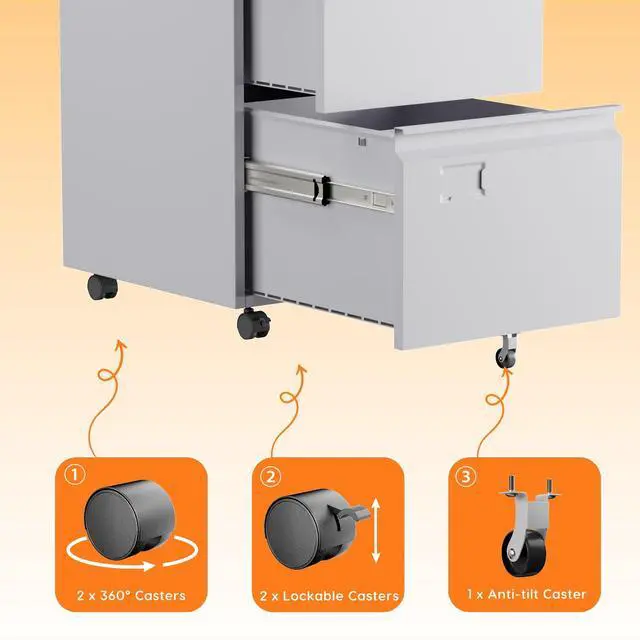 Alt view image 7 of 7 - 2-Drawer White Mobile File Cabinet with Lock and Casters | Metal under-desk cabinet for Letter and Legal files, with five casters, two locking wheels, and an assembly-required design