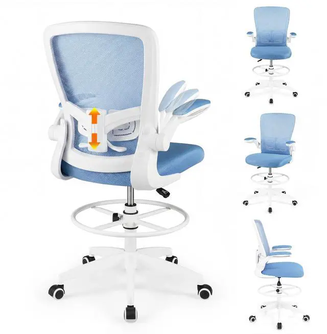 Main image of Ergonomic Tall Office Chair with Adjustable Footrest, Blue 1PCS | Drafting Chair Mesh High Back Desk Chair, Flip-up Armrests, 3IN 3D Foam Cushion, Adjustable Back Support for Home Office