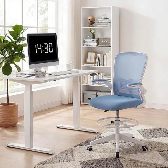 Alt view image 2 of 7 - Ergonomic Tall Office Chair with Adjustable Footrest, Blue 1PCS | Drafting Chair Mesh High Back Desk Chair, Flip-up Armrests, 3IN 3D Foam Cushion, Adjustable Back Support for Home Office