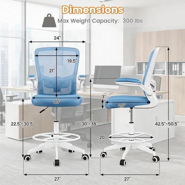 Alt view image 3 of 7 - Ergonomic Tall Office Chair with Adjustable Footrest, Blue 1PCS | Drafting Chair Mesh High Back Desk Chair, Flip-up Armrests, 3IN 3D Foam Cushion, Adjustable Back Support for Home Office