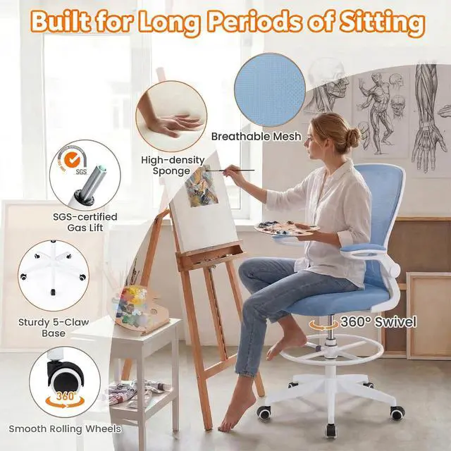 Alt view image 5 of 7 - Ergonomic Tall Office Chair with Adjustable Footrest, Blue 1PCS | Drafting Chair Mesh High Back Desk Chair, Flip-up Armrests, 3IN 3D Foam Cushion, Adjustable Back Support for Home Office