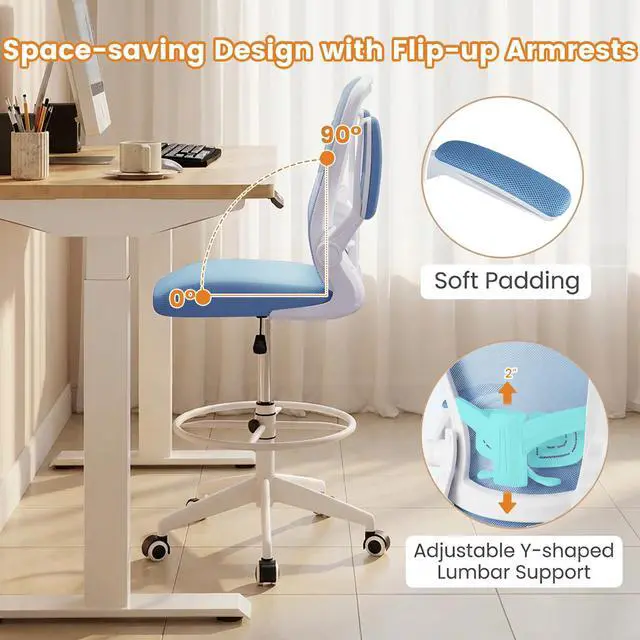 Alt view image 6 of 7 - Ergonomic Tall Office Chair with Adjustable Footrest, Blue 1PCS | Drafting Chair Mesh High Back Desk Chair, Flip-up Armrests, 3IN 3D Foam Cushion, Adjustable Back Support for Home Office