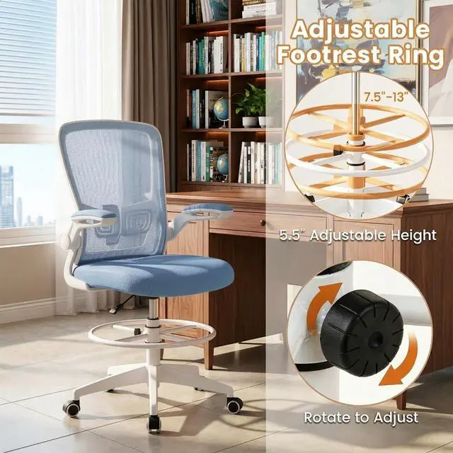 Alt view image 7 of 7 - Ergonomic Tall Office Chair with Adjustable Footrest, Blue 1PCS | Drafting Chair Mesh High Back Desk Chair, Flip-up Armrests, 3IN 3D Foam Cushion, Adjustable Back Support for Home Office
