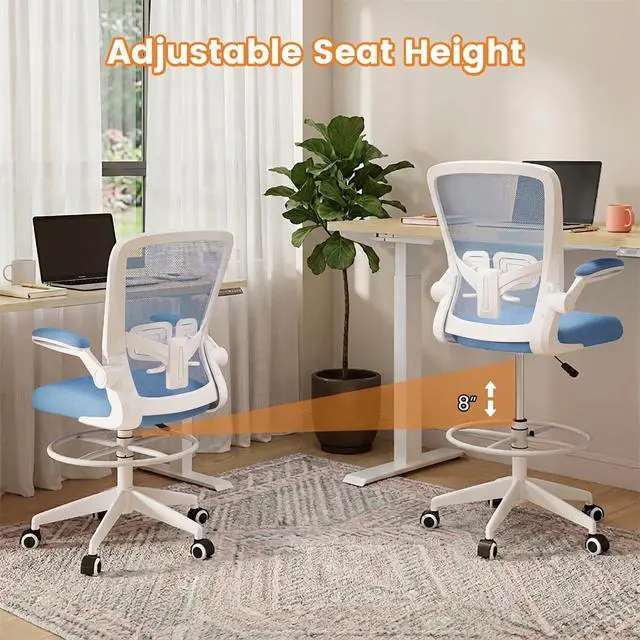 Alt view image 4 of 7 - Ergonomic Tall Office Chair with Adjustable Footrest, Blue 1PCS | Drafting Chair Mesh High Back Desk Chair, Flip-up Armrests, 3IN 3D Foam Cushion, Adjustable Back Support for Home Office