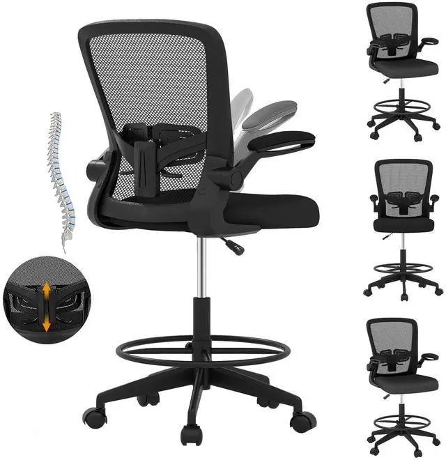 Main image of Ergonomic Tall Office Chair with Adjustable Footrest, Black 1PCS | Drafting Chair Mesh High Back Desk Chair, Flip-up Armrests, 3IN 3D Foam Cushion, Adjustable Back Support for Home Office